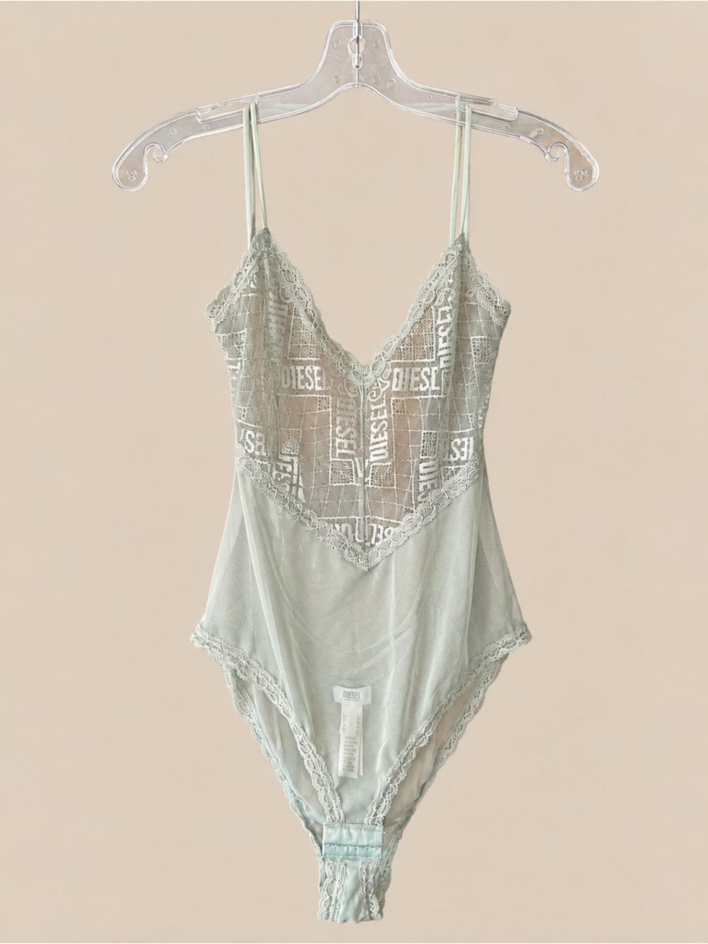 Y2K Fairycore DIESEL Lace Logo Sheer Teddy Bodysuit Mint Green 6
